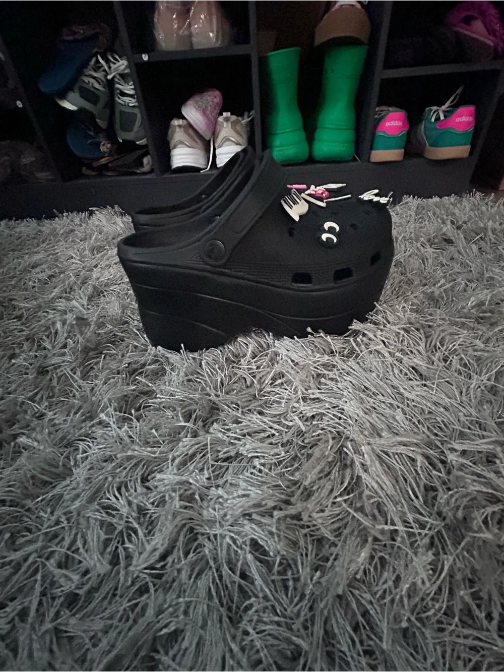 Black Platform Slip-On Clog with Decorative Charms